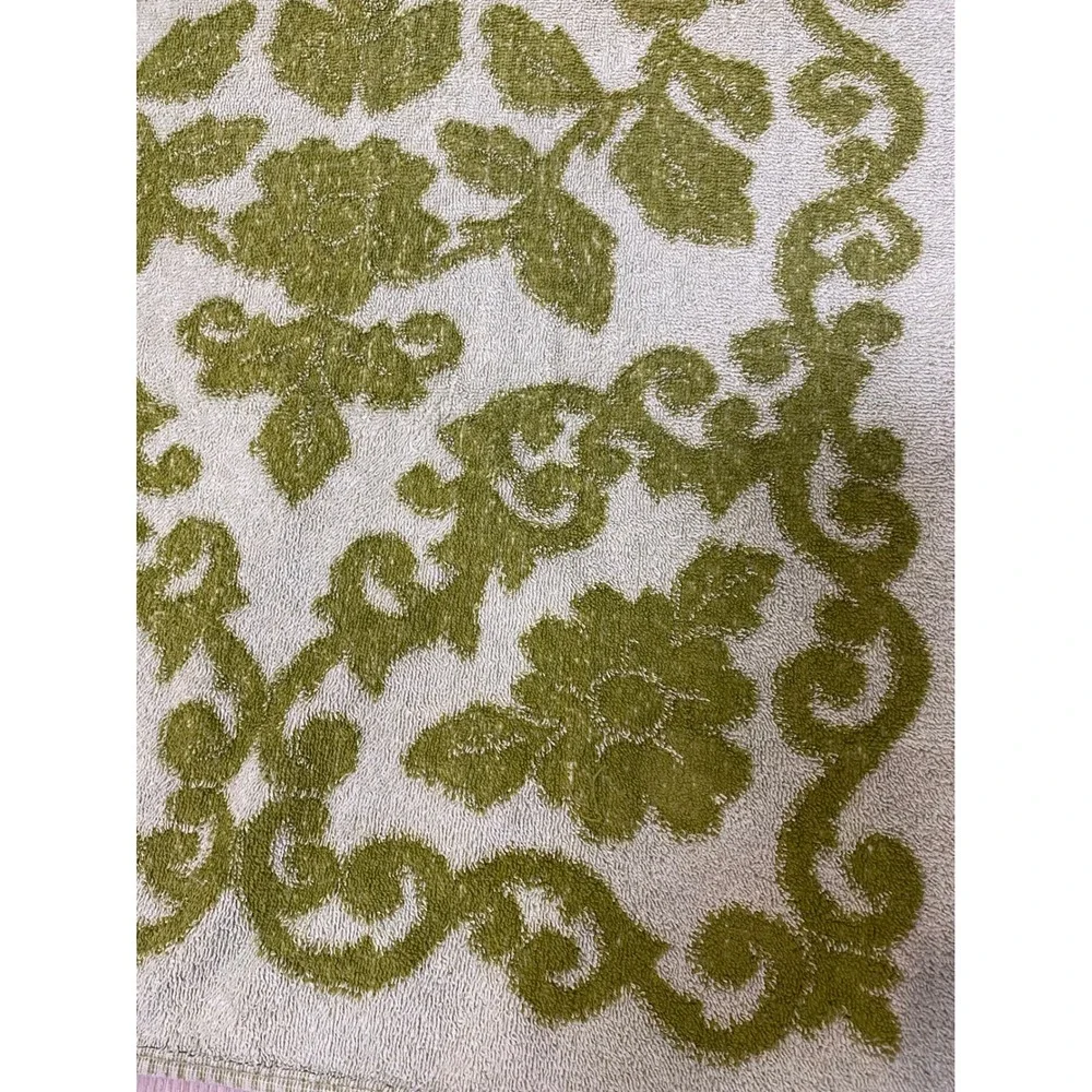 Vintage Avocado Green Damask Floral Cotton Terry Cloth Towel Retro MCM Boho